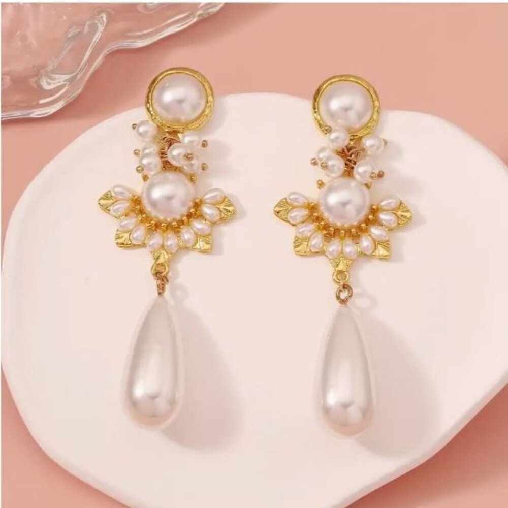 NEW Monad Ornate Gold and Pearl Drop Statement Earrings - Picture 4 of 5
